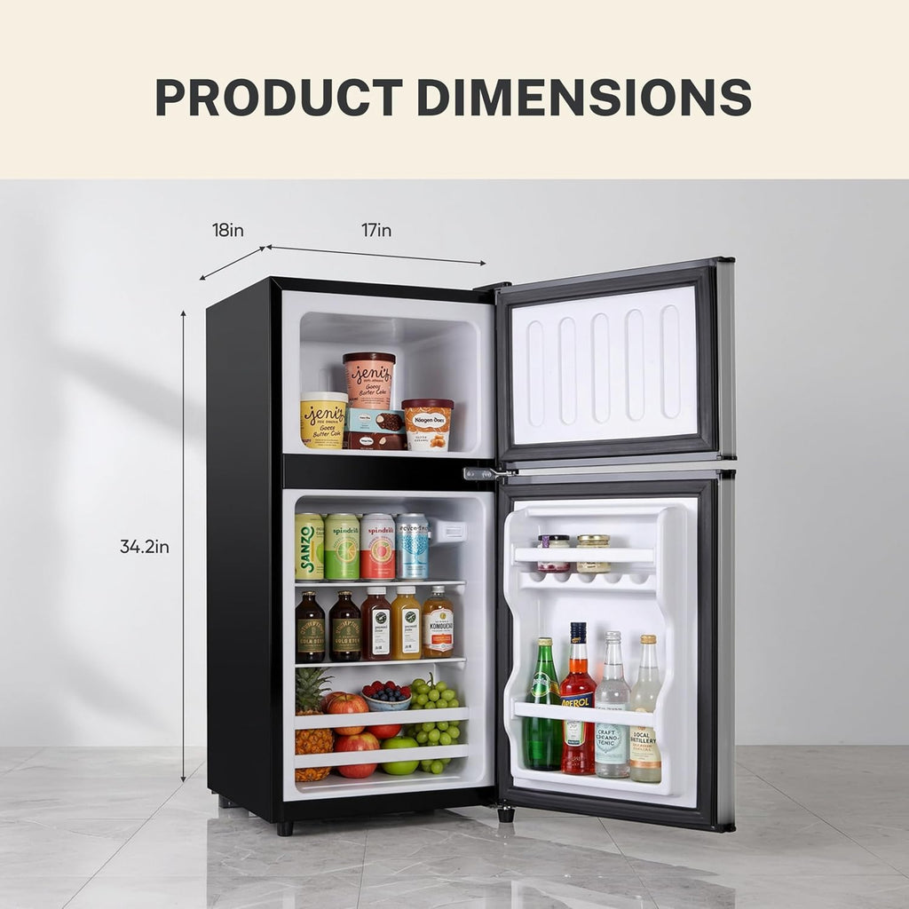 3.2 Cu.Ft Mini Fridge with Freezer, 2 Door Small Refrigerator with Adjustable Thermostat Energy-efficient Low Noise, Compact Fridge for Bedroom, Office, Dorm, Pewter