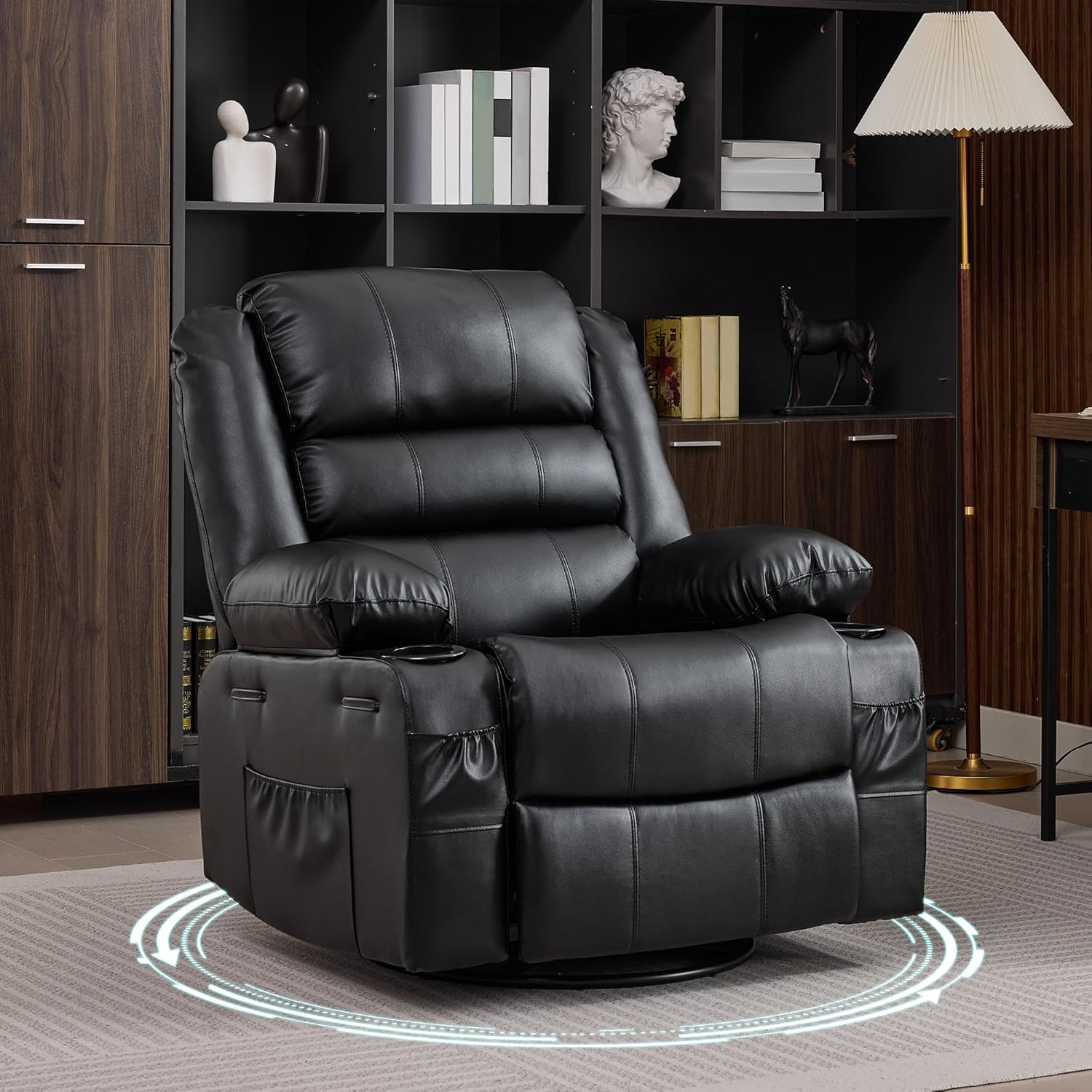 Rocking Recliner Chair for Adults Wide 360° Swivel Rocker Recliner with Cup Holder Nursery Glider with Upholstered Deep Seat PU Leather Comfy Single Sofa for Living Room Black