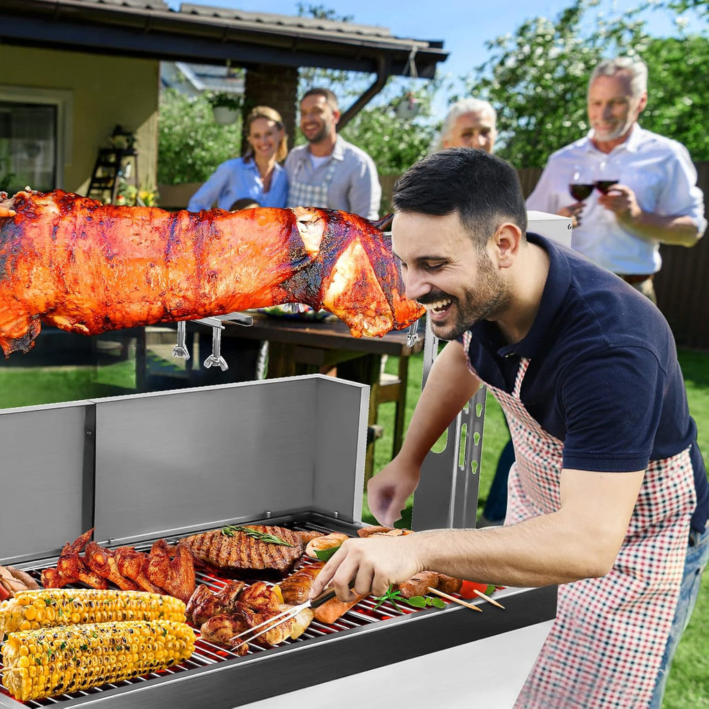 Stainless Steel Rotisserie Grill with Back Cover Guard, 25W Motor Small Pig Lamb Rotisserie Roaster, 37'' 2 in 1 BBQ Charcoal Rotisserie Grill for Camping Outdoor Kitchen