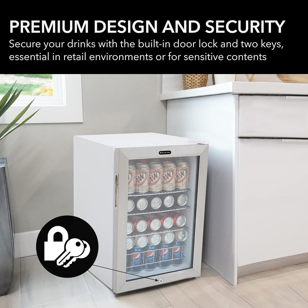 Whynter BR-091WS, 90 Can Capacity 2.1 cu. ft. Stainless Steel Beverage Refrigerator and cooler, Mini Fridge with Glass Door with lock