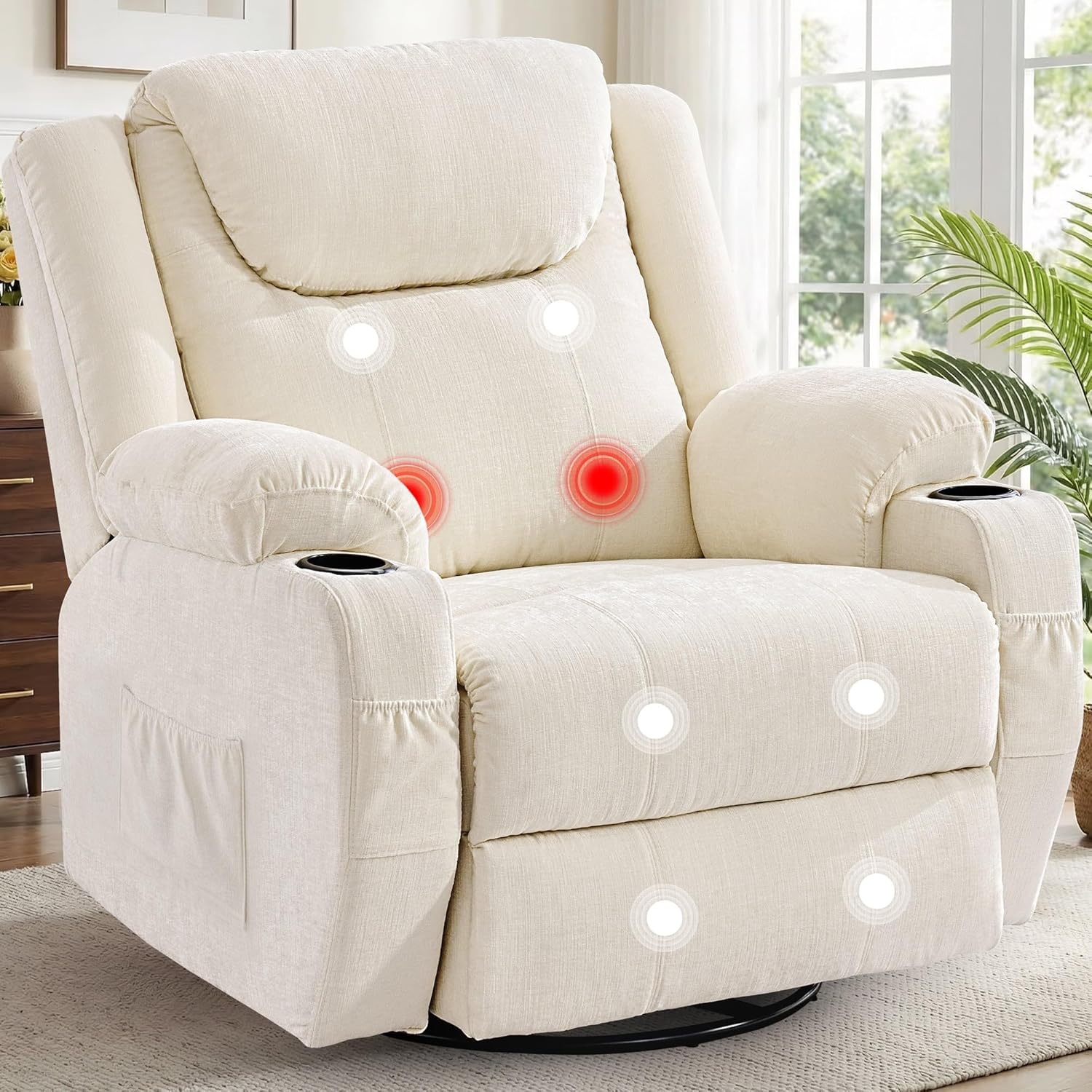 Korser Oversized Recliner Chair, 360° Swivel Recliner for Adults, Swivel Rocker Recliner Chair with Heat and Massage, Manual Recliner with Remote Control and Cup Holders for Living Room, Chenille