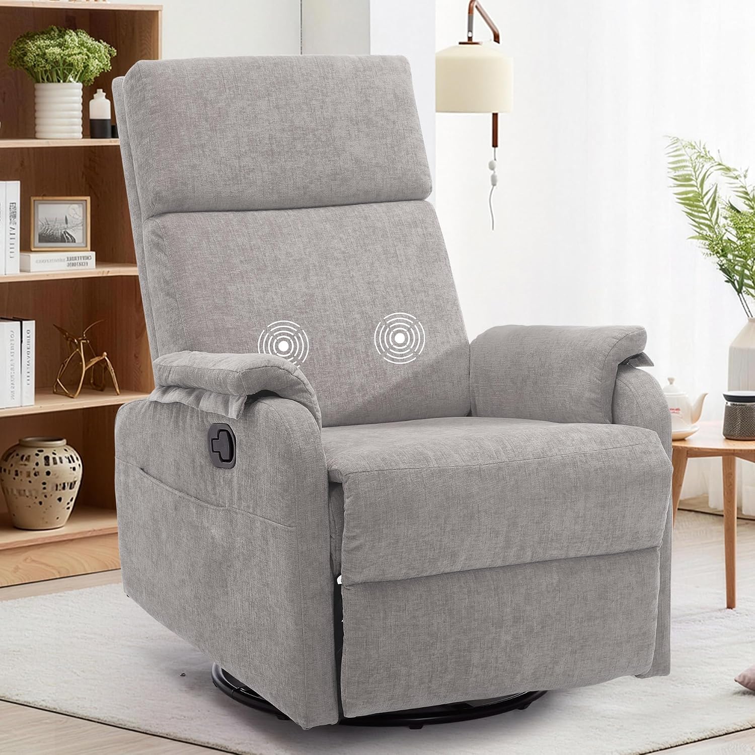 Korser Swivel Rocking Recliner with Massage, Small Glider Chair for Nursery, Modern-Designed Armrests Chair for Adults Living Room, Chenille, Grey