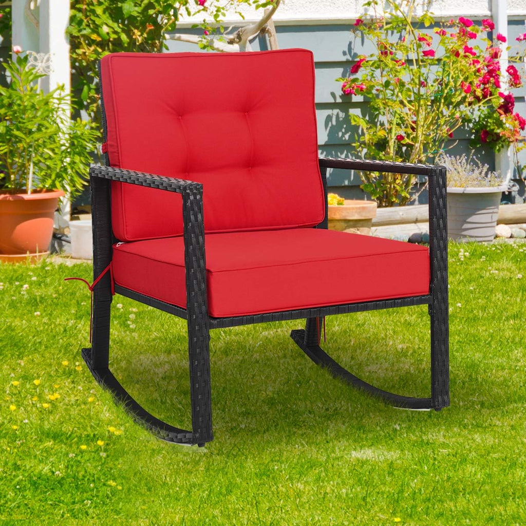 Tangkula Wicker Rocking Chair, Outdoor Glider Rattan Rocker Chair with Heavy-Duty Steel Frame, Patio Wicker Furniture Seat with 5' Thick Cushion for Garden, Porch, Backyard, Poolside (2, Red)
