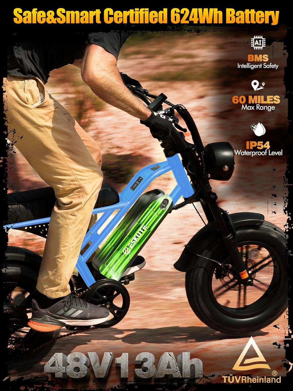 ESKUTE V100 Electric Bike for Adults, Electric Dirt Bike 1500W Peak Motor, All Terrain Dual Suspension E Bike 28MPH Top Speed, Ebike Up to 60 Miles Range, 16' Fat Tire, 48V13Ah Battery, 7-Speed