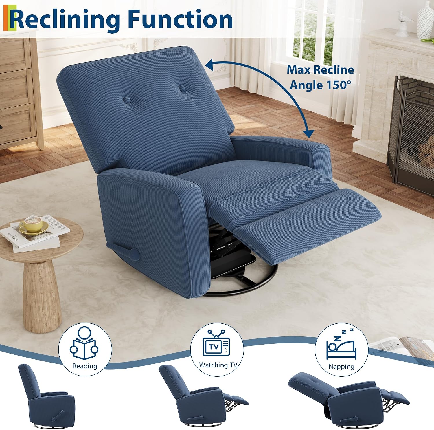 Garvee Nursery Recliner Chair, 360° Swivel Rocking Glider Chair for Adults with Adjustable Backrest & Footrest, Upholstered Armchair for Living Rooms, Bedrooms, Apartments, Blue