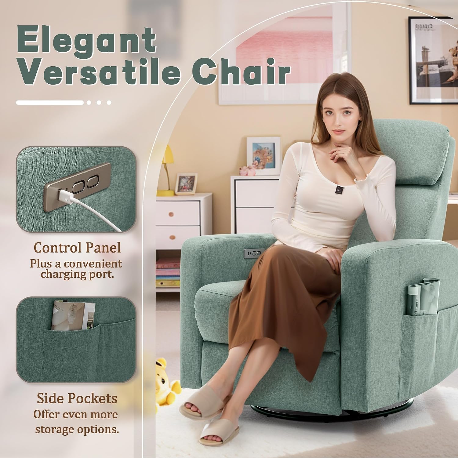 Korser Power Swivel Recliner Chairs for Adults, Electric Glider Rocking Chair Nursery, Glider Recliner Nursery Chair with Classified Side Pocket, Nursery Rocking Chairs with USB and Type-C Ports