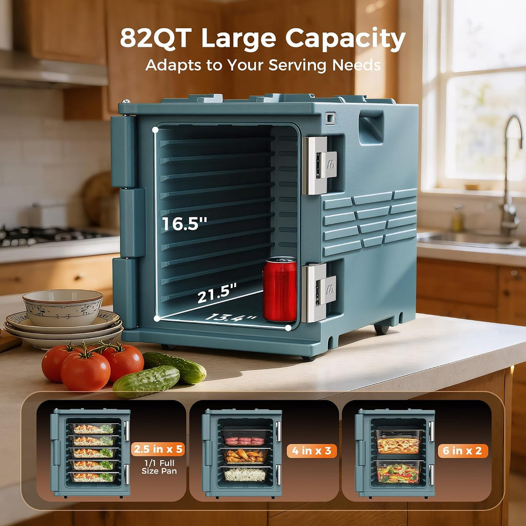 CAMMOO Blue 82QT Non-Electric Hot Box Food Warmer with Wheels, 304 Stainless Steel Latch, Insulated Food Carrier for 5 Full-Size Pans(NOT Included), Food Warmer Box Hot Boxes for Catering
