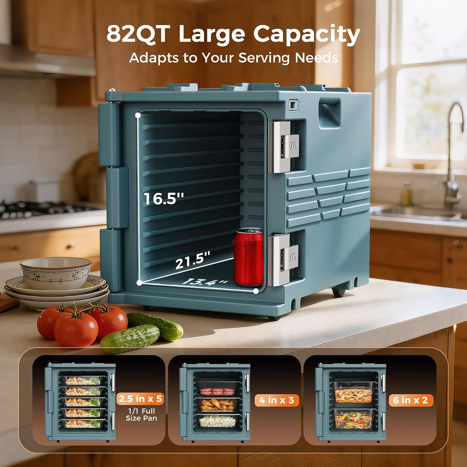 CAMMOO Blue 82QT Non-Electric Hot Box Food Warmer with Wheels, 304 Stainless Steel Latch, Insulated Food Carrier for 5 Full-Size Pans(NOT Included), Food Warmer Box Hot Boxes for Catering