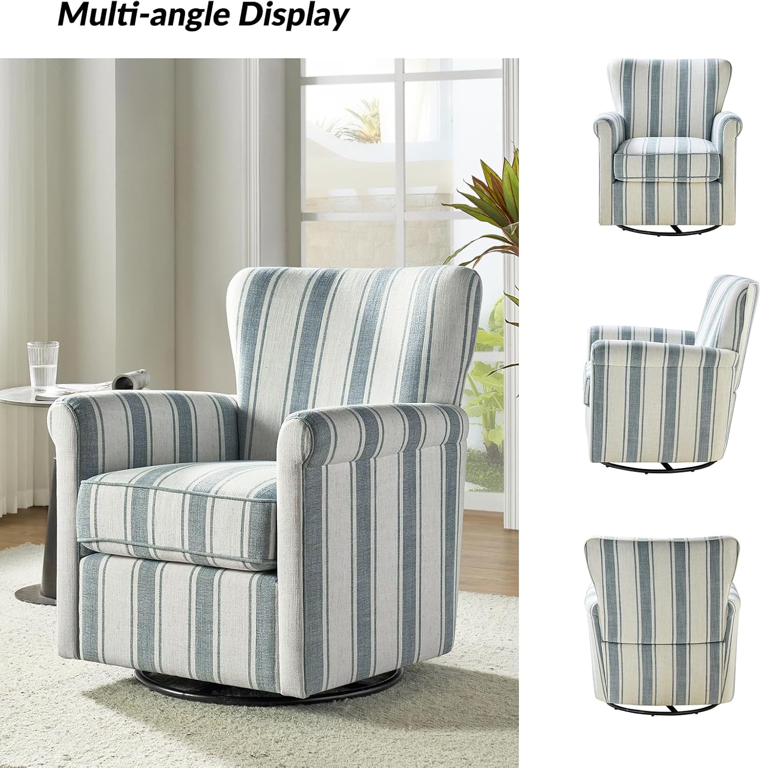 HULALA HOME Floral Fabric Swivel Rocking Chair, Swivel Rocker with Removable Backrest & Shakeable and Turntable Metal Base, Modern Single Sofa Chair for Living Room Nursery, Blue