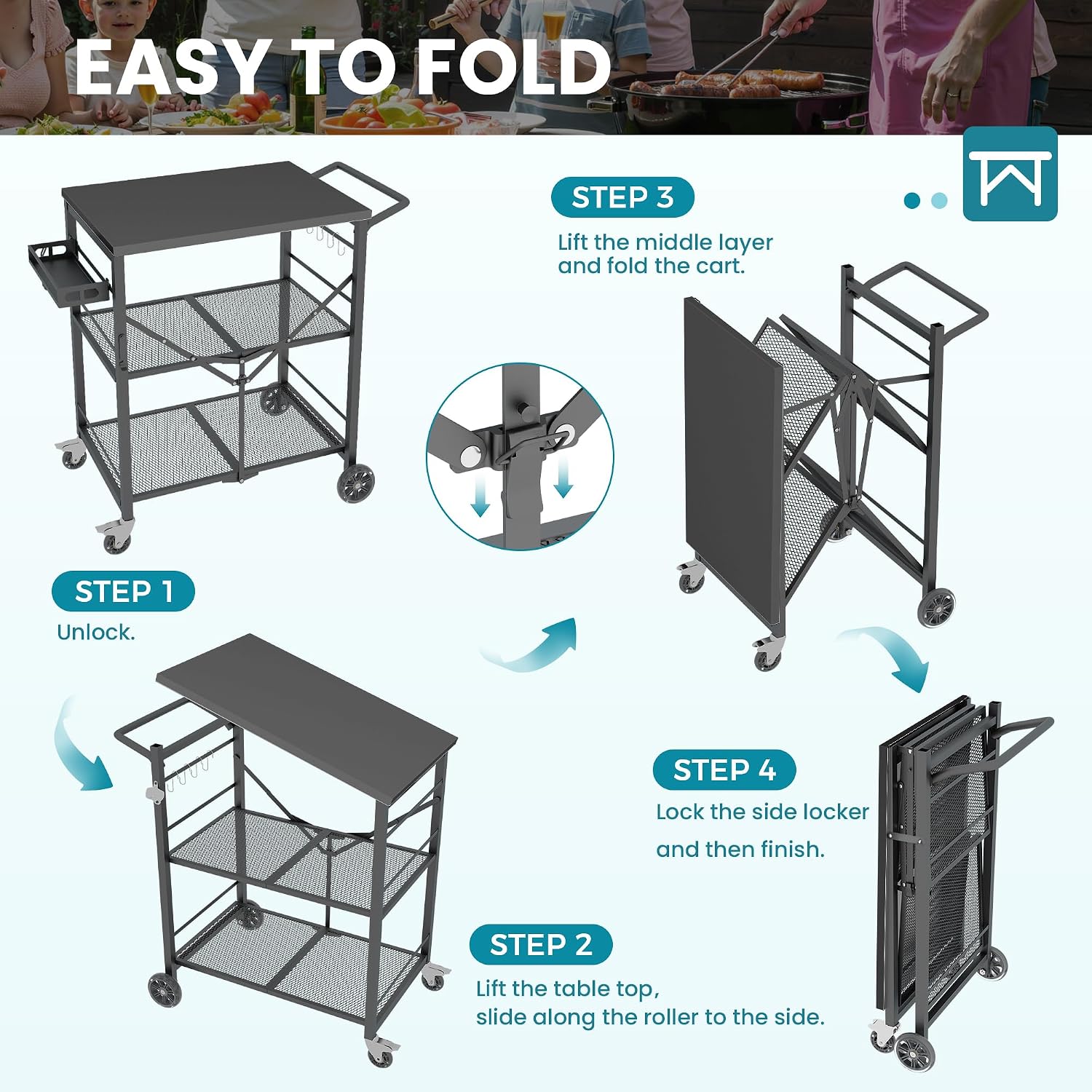 Ciokea Folding Outdoor Grill Cart with Wheels, Foldable Outdoor Grill Table with 27'x18' INCH Top, 3-Shelf Prep Table, Pizza Oven Stand, Metal Portable Kitchen Cart for BBQ Patio Camping (All Black)
