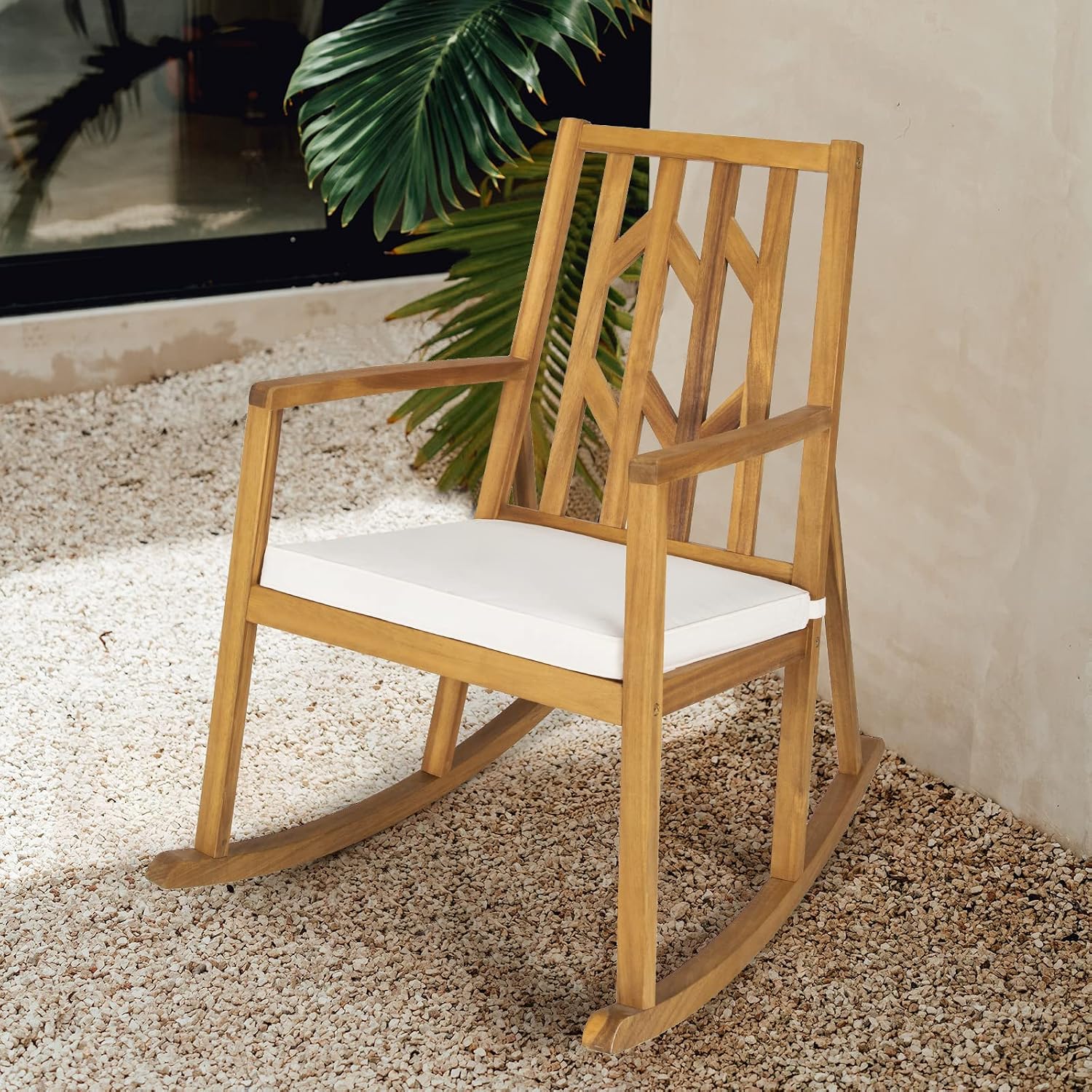 Tangkula 2 Pieces Acacia Wood Patio Rocking Chair, Outdoor Porch Rocker W/Removable High-Density Cushion, All-Weather Resistance, Perfect for Garden, Backyard, Poolside