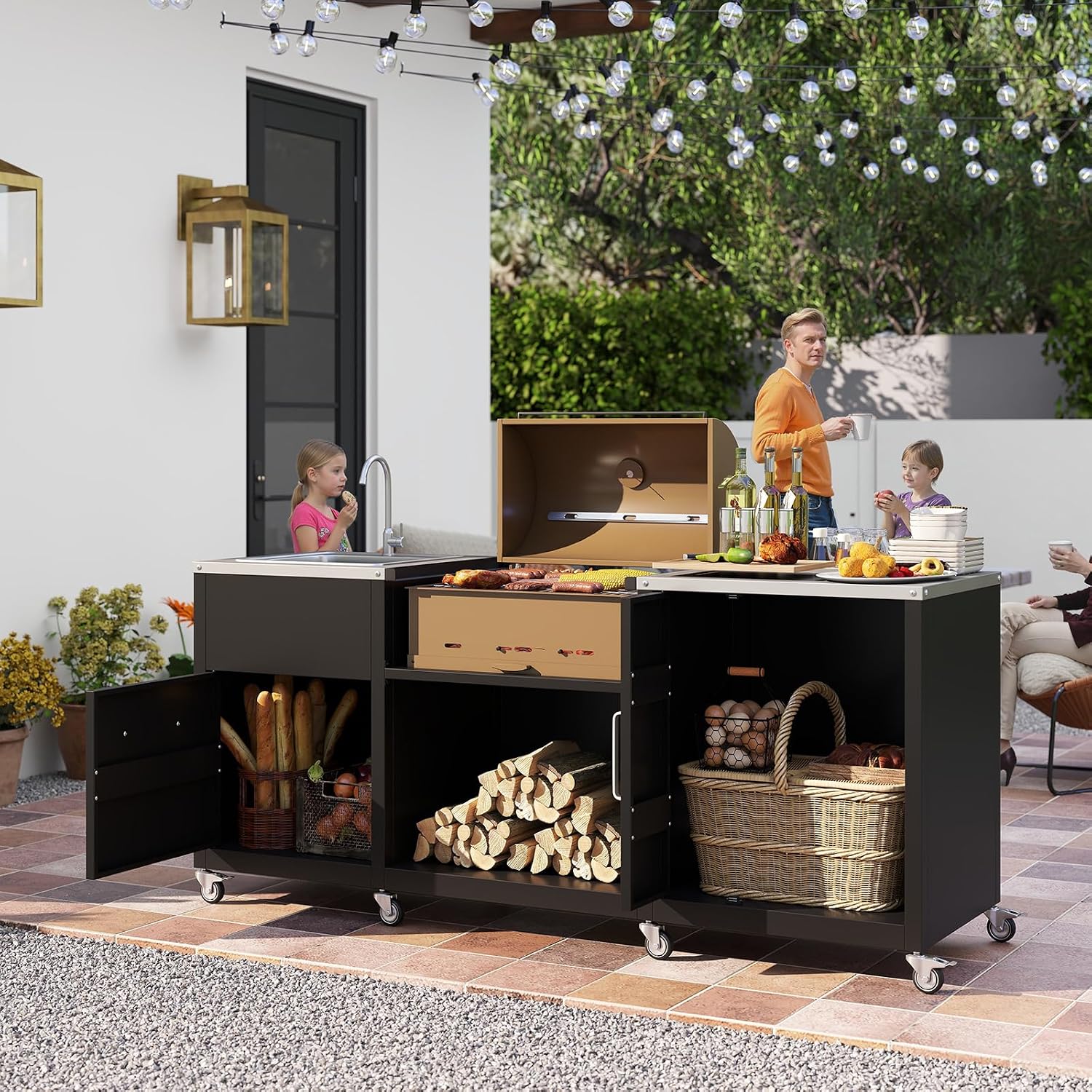 Happygrill 80' Outdoor Grill Table with Sink & Drainage, Heavy Duty Metal Grill Cart w/Cabinet & Removable Stainless Steel Top, Portable Prep Cooking Table w/Wheels for BBQ, Patio, Camping & Backyard