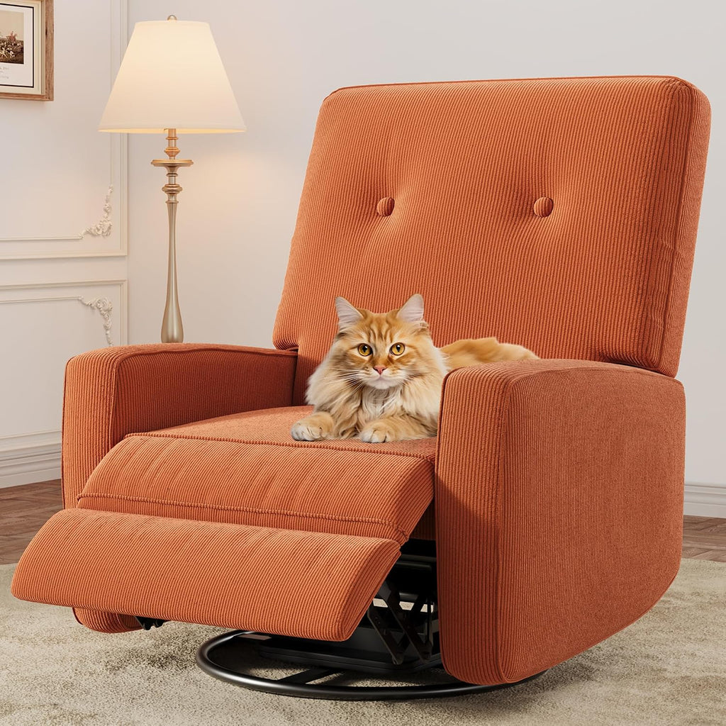 IDEALHOUSE Recliner Chair, 360° Swivel Rocking Glider Chair for Adults with Adjustable Backrest & Footrest, Cozy Corduroy Upholstered Armchair for Living Rooms, Bedrooms, Apartments, Orange