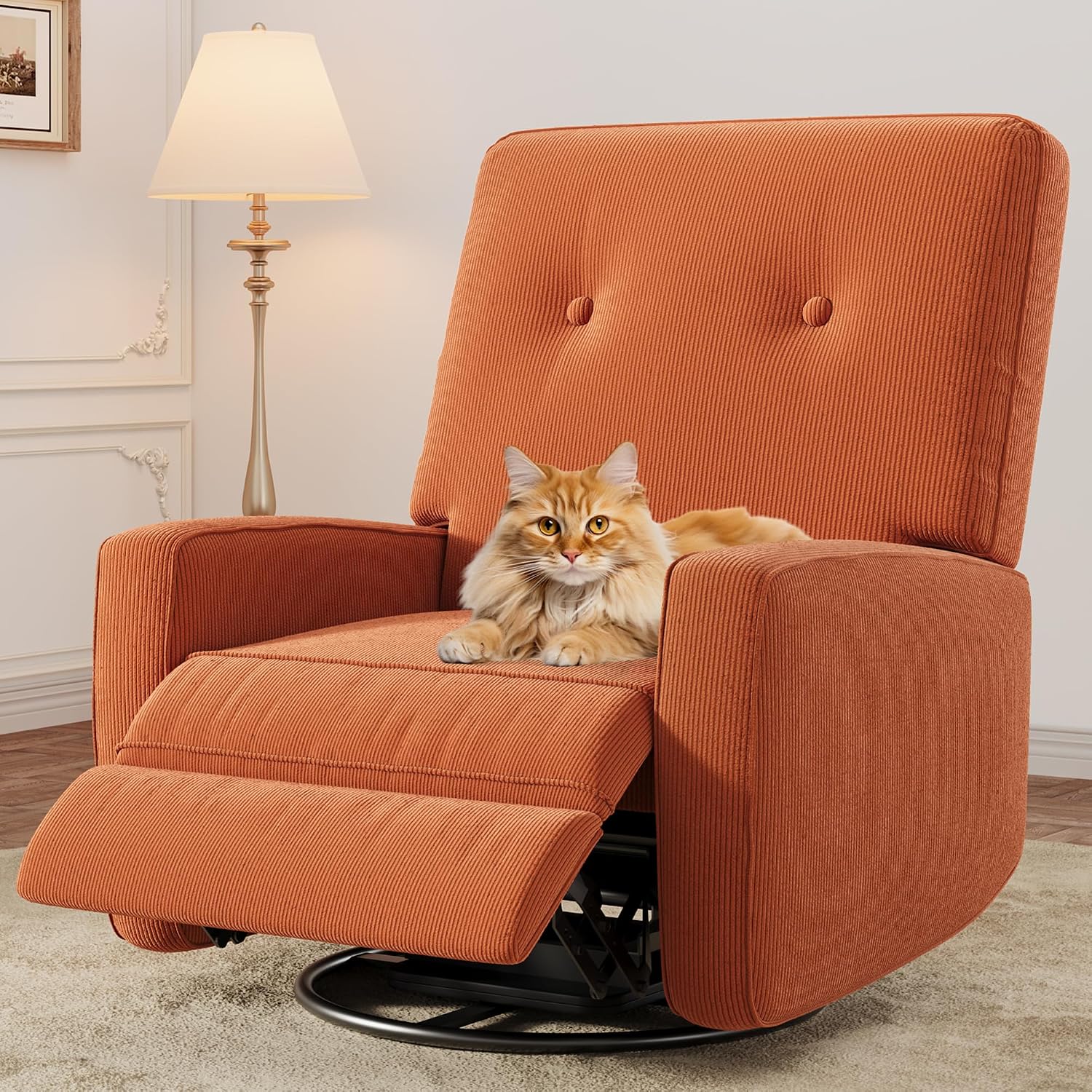 IDEALHOUSE Recliner Chair, 360° Swivel Rocking Glider Chair for Adults with Adjustable Backrest & Footrest, Cozy Corduroy Upholstered Armchair for Living Rooms, Bedrooms, Apartments, Orange