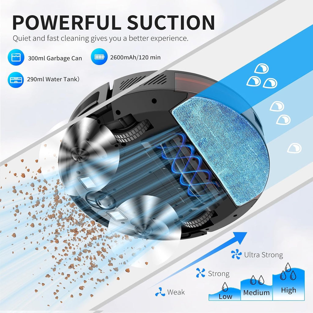 Robot Vacuum and Mop Combo, 5000 Pa Robotic Vacuum Cleaner, 120 Min Max, Super Thin, Quiet, App & Remote Control, Ideal for Hard Floor, Hair, Pet Fur, Self-Charge(G100)
