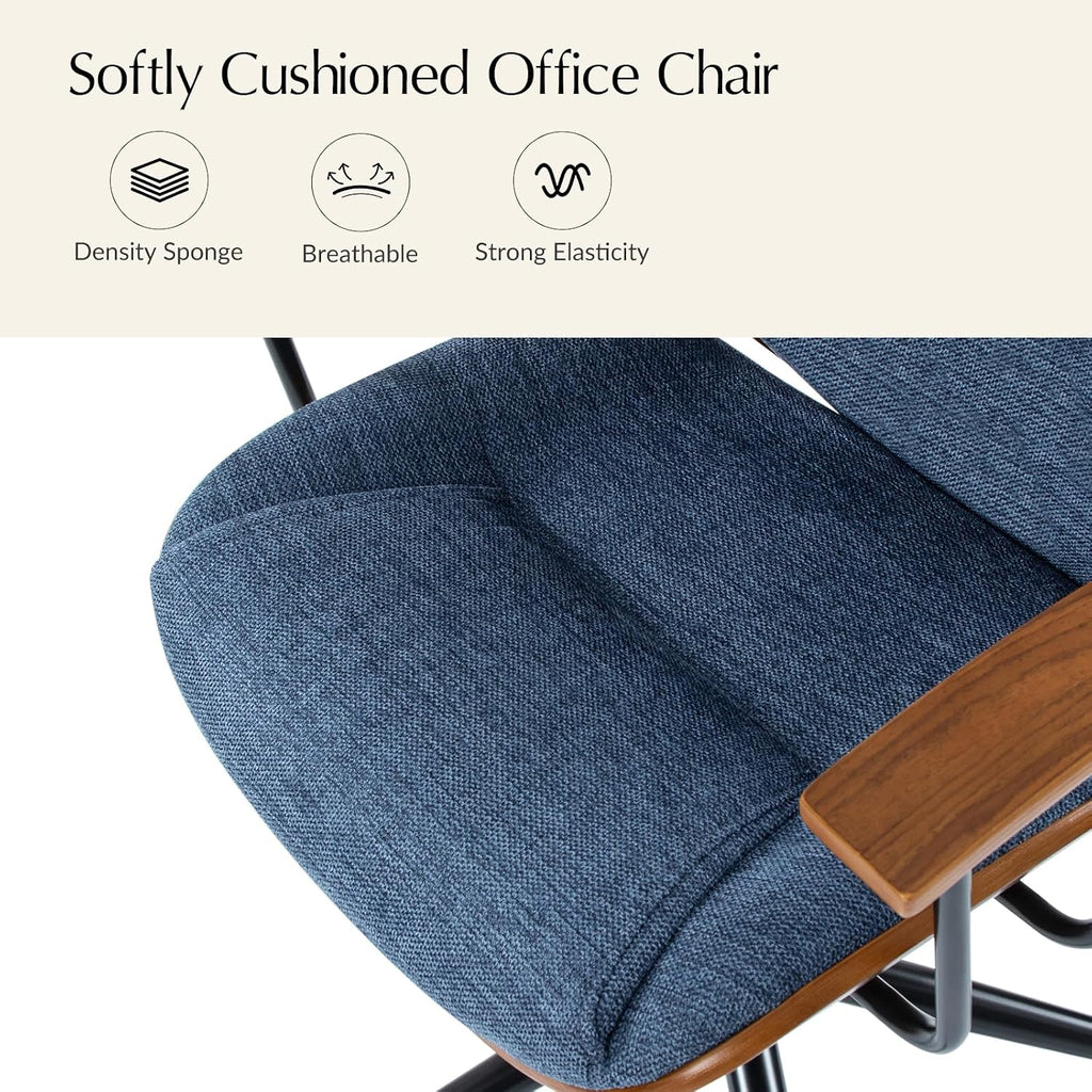 HULALA HOME Solid Wood Office Chair with Rocking Function, Comfy Fabric Desk Chair with Bent Wood and Metal Base, Height Adjustable Swivel Computer Task Chair, Navy