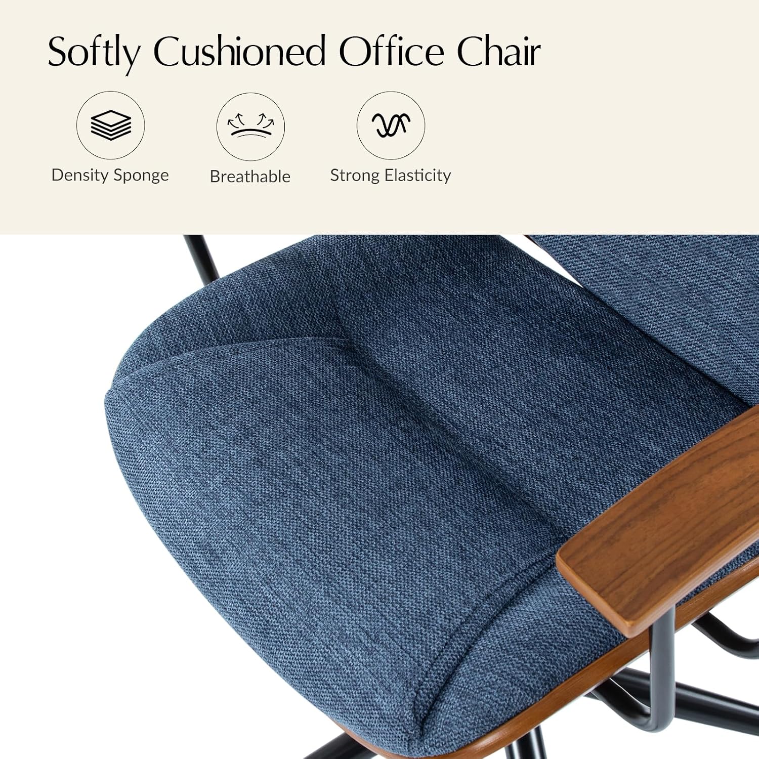HULALA HOME Solid Wood Office Chair with Rocking Function, Comfy Fabric Desk Chair with Bent Wood and Metal Base, Height Adjustable Swivel Computer Task Chair, Navy