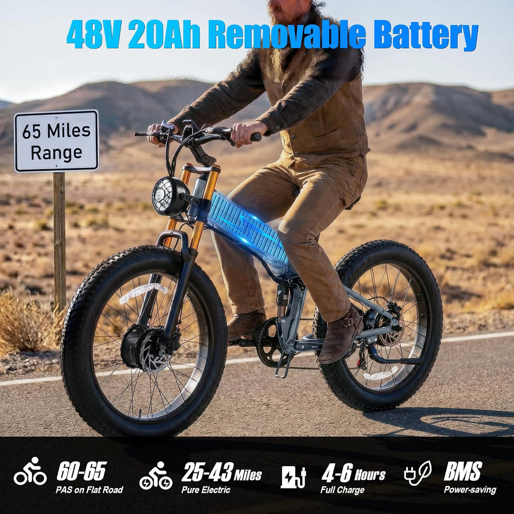 DAMSON Electric Bike for Adults Dual Motor AWD 5000W/3000W/1500W Peak 40MPH/30MPH Dirt Ebike, 52V/48V Max-Output Up to 65/80/120/160 Miles Long Range, 26' Full Suspension Fat Tire Mountains Bicycle