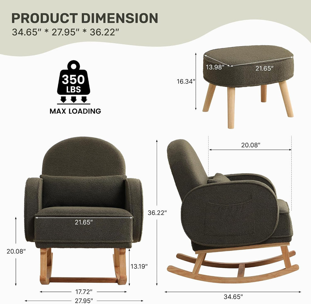 HCHAIRH Rocking Chair with Ottoman, Upholstered Glider Rocker with High Backrest and Side Pocket, Rocking Accent Armchair with Solid Wood Legs for Nursery/Living Room/Bedroom Green