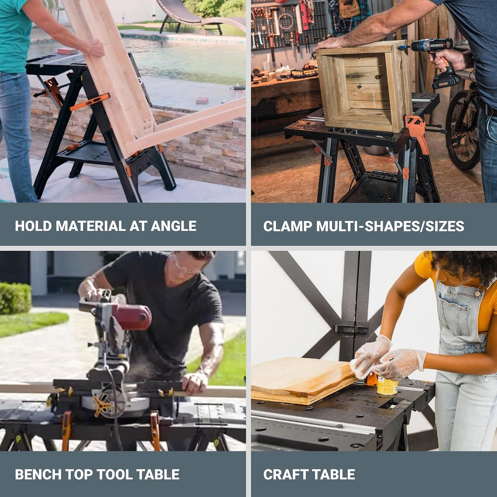 Worx Pegasus 2-in-1 Folding Work Table & Sawhorse, Easy Setup Portable Workbench, 31' W x 25' D x 32' H Lightweight Worktable with Heavy-Duty Load Capacity, WX051 - Includes 2 Clamps & 4 Clamp Dogs