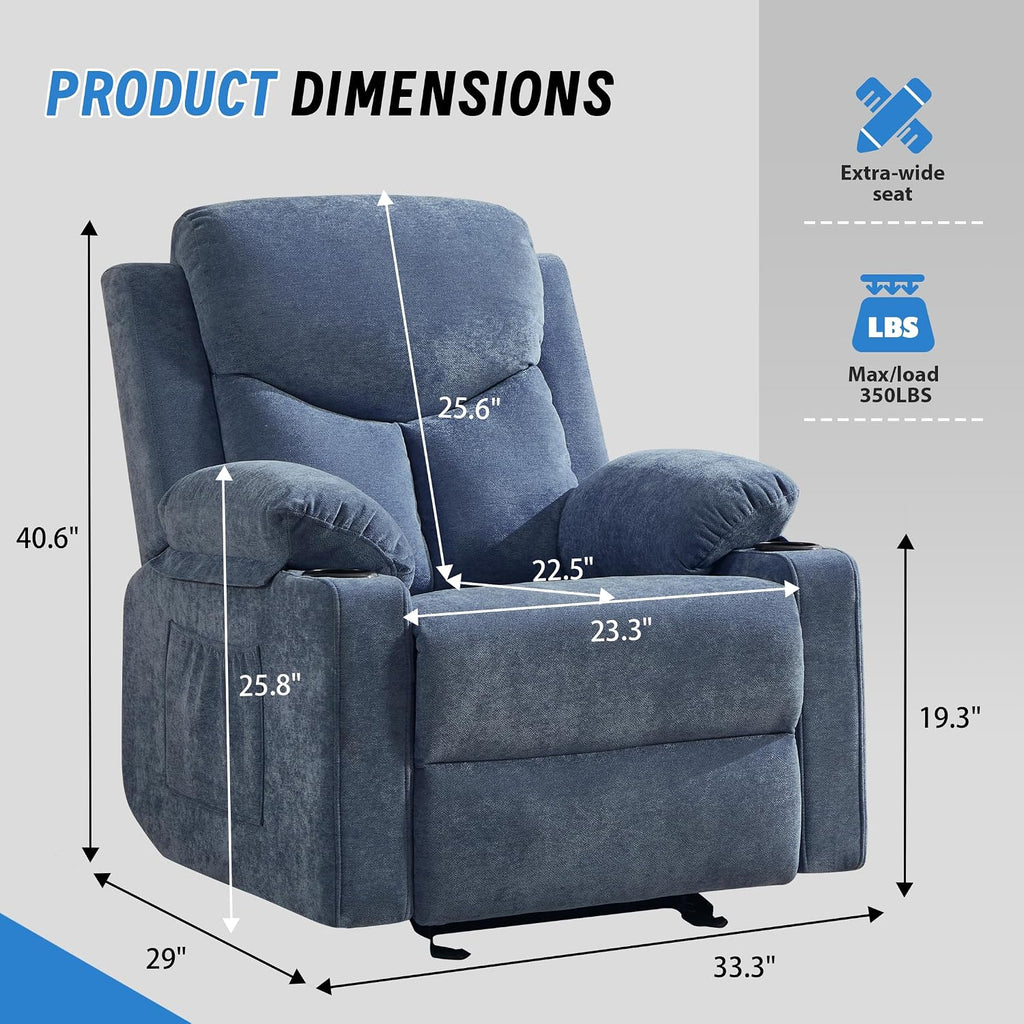 Manual Rocker Recliner Chair for Adults with Vibration Massage,Glider Rocking Recliner Chairs for Living Room Bedroom Overstuffed Reclining Sofa Chair with Pockets and Cup Holds (Navy Blue)