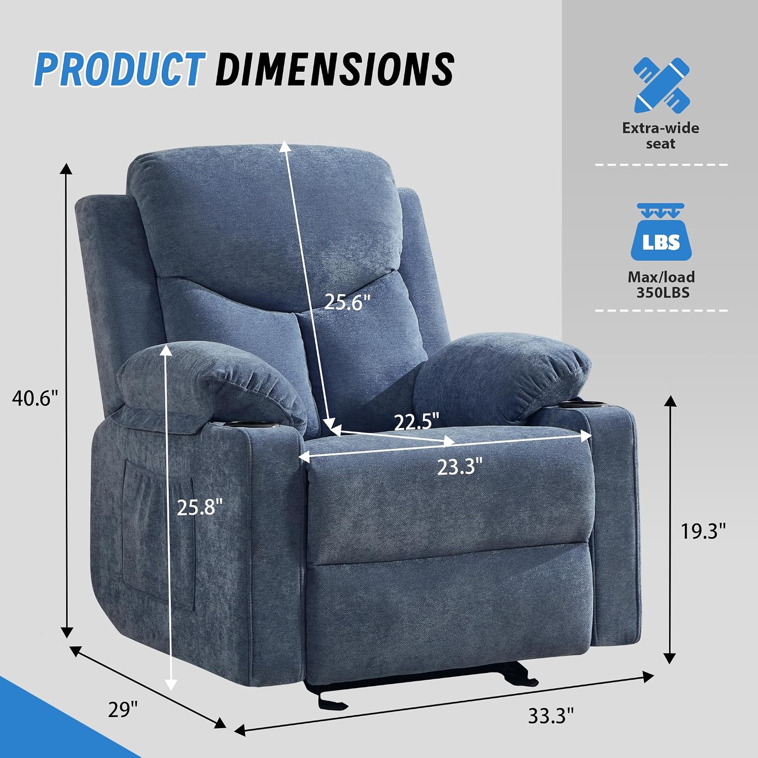 Manual Rocker Recliner Chair for Adults with Vibration Massage,Glider Rocking Recliner Chairs for Living Room Bedroom Overstuffed Reclining Sofa Chair with Pockets and Cup Holds (Navy Blue)