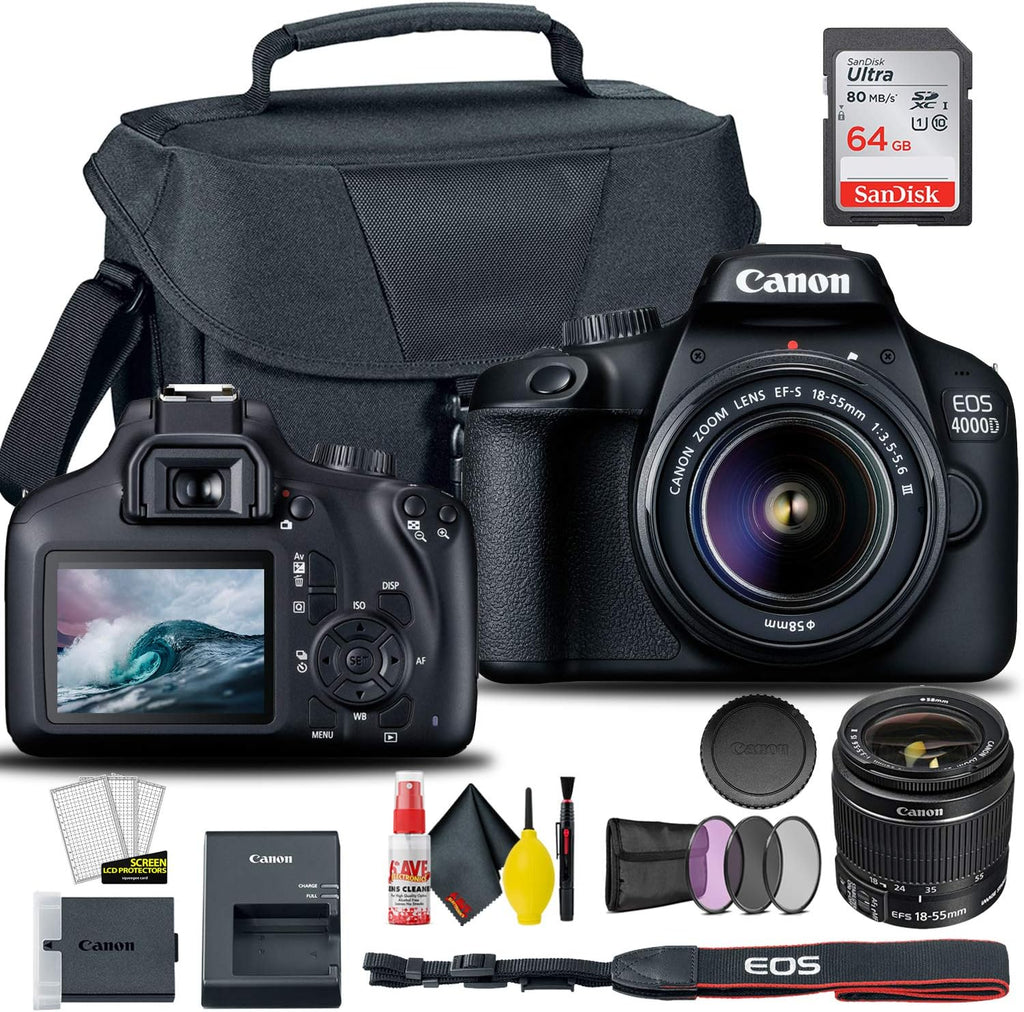 Canon EOS 4000D / Rebel T100 DSLR Camera with 18-55mm Lens + Creative Filter Set, EOS Camera Bag + Sandisk Ultra 64GB Card + 6AVE Electronics Cleaning Set, and More (International Model)
