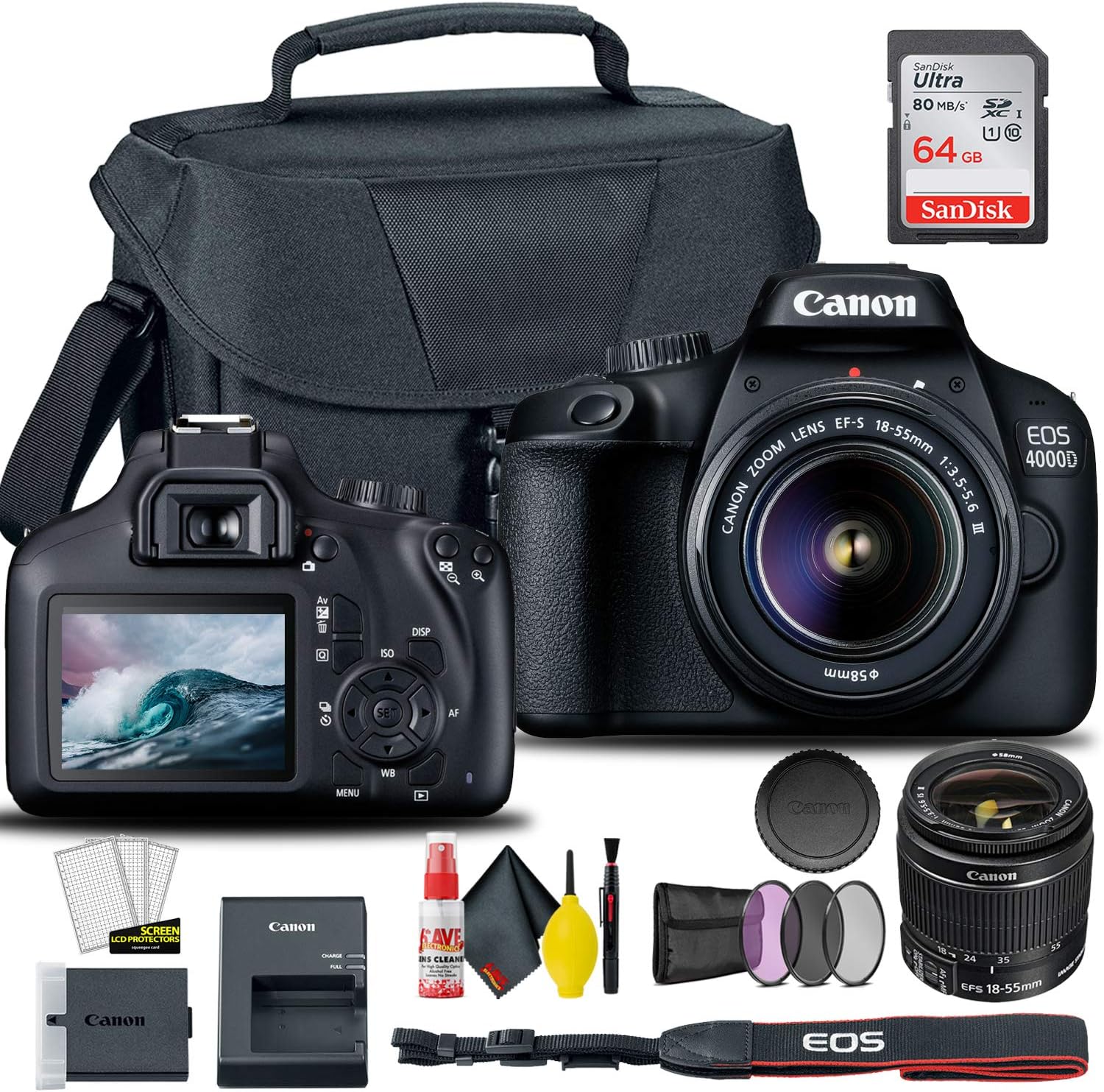 Canon EOS 4000D / Rebel T100 DSLR Camera with 18-55mm Lens + Creative Filter Set, EOS Camera Bag + Sandisk Ultra 64GB Card + 6AVE Electronics Cleaning Set, and More (International Model)