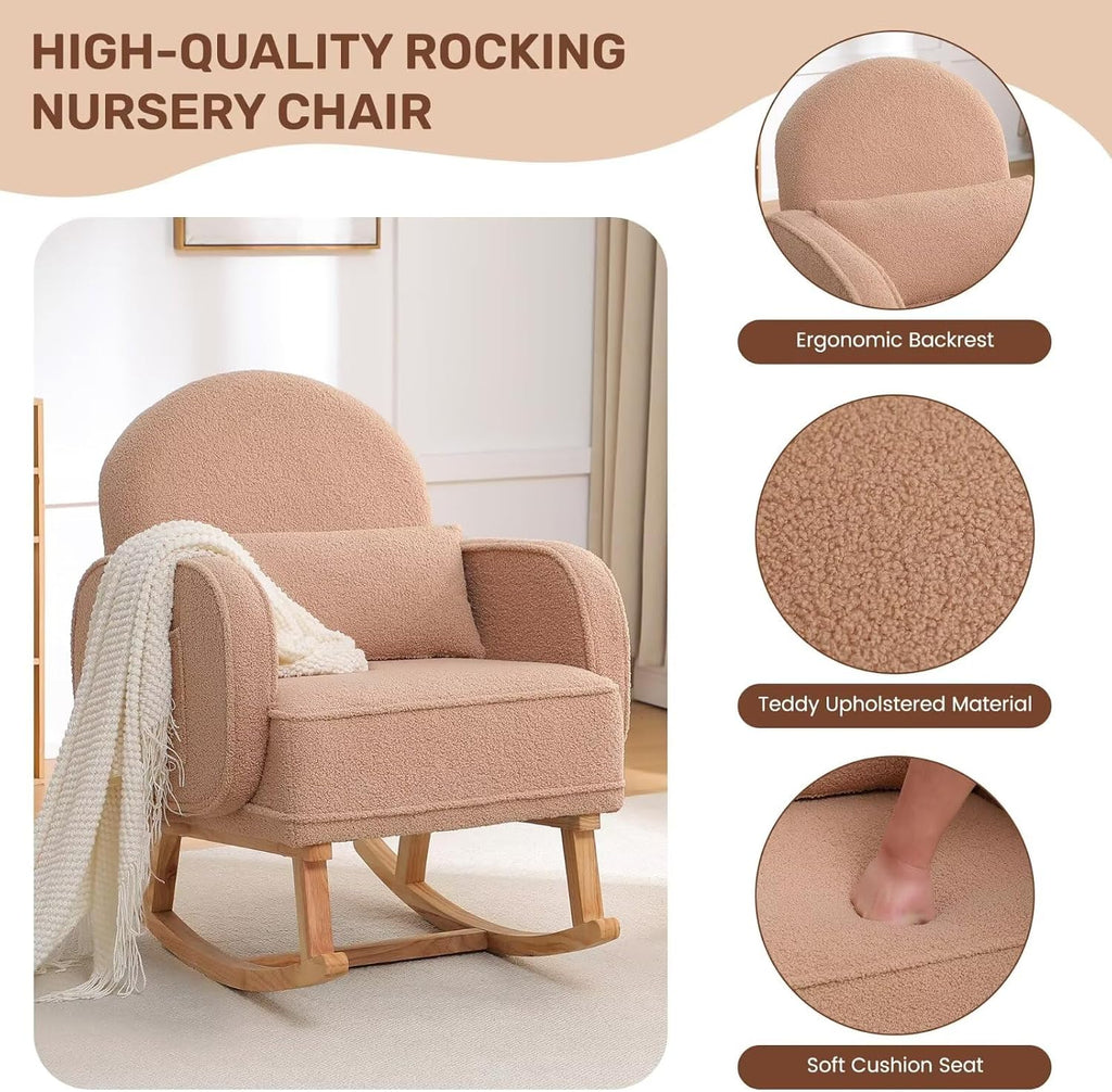 HCHAIRH Rocking Chair Nursery with Ottoman, Upholstered Glider Rocker with High Backrest and Side Pocket, Rocking Accent Armchair with Solid Wood Legs for Nursery, Living Room, Bedroom Coffee