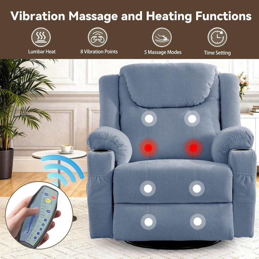 Korser Oversized Recliner Chair, 360° Swivel Recliner for Adults, Swivel Rocker Recliner Chair with Heat and Massage, Manual Recliner with Remote Control and Cup Holders for Living Room, Chenille