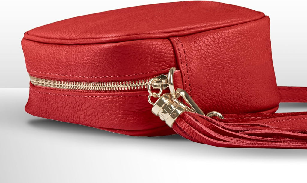 Italian Calf Leather Crossbody Bag for Women with Tassel Zipper | Small Camera Purse Shoulder Handbag Pocketbook