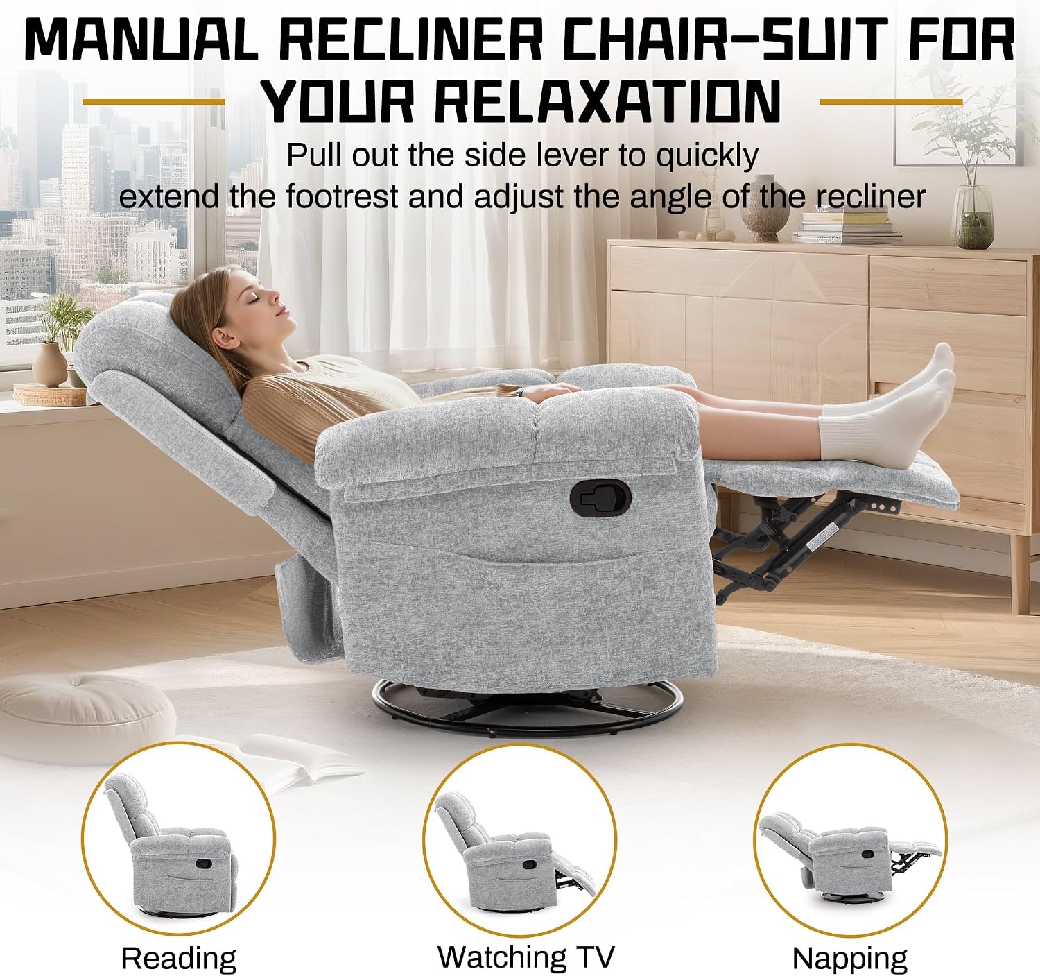 Korser Recliner Chair, Swivel Rocker Recliner Chair for Adults, Small Recliners for Small Spaces, Manual Recliner Chair with Side Pockets, Nursery Rocking Chair for Living Room, Chenille, Silver Grey