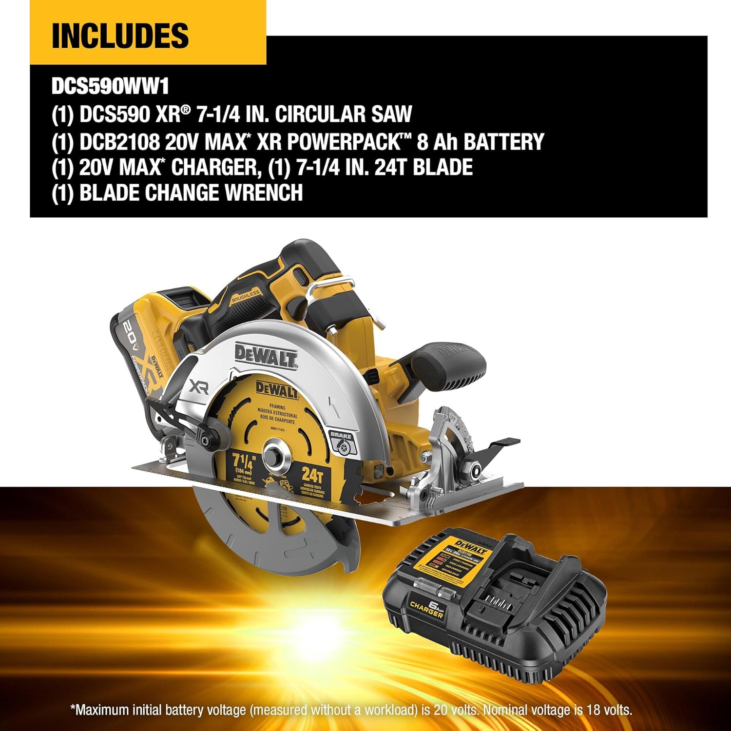 DEWALT 20V MAX XR Brushless Cordless 7-1/4 in. Circular Saw Kit with Battery and Charger (DCS590WW1)