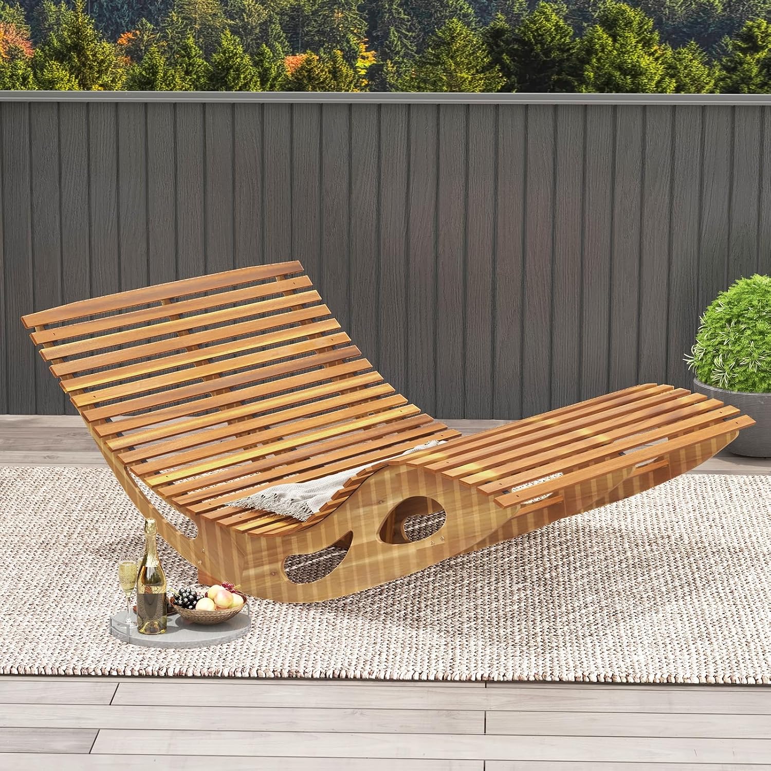 Giantex Extra-Large Dual Outdoor Rocking Chair, 2 Pack Acacia Wood Patio Lounge Chair with Ergonomic Curved & Slatted Seat, Bottom Stopper, 63'x47'x26' Lounger, 2-Person Loveseat, Rocker for Porch