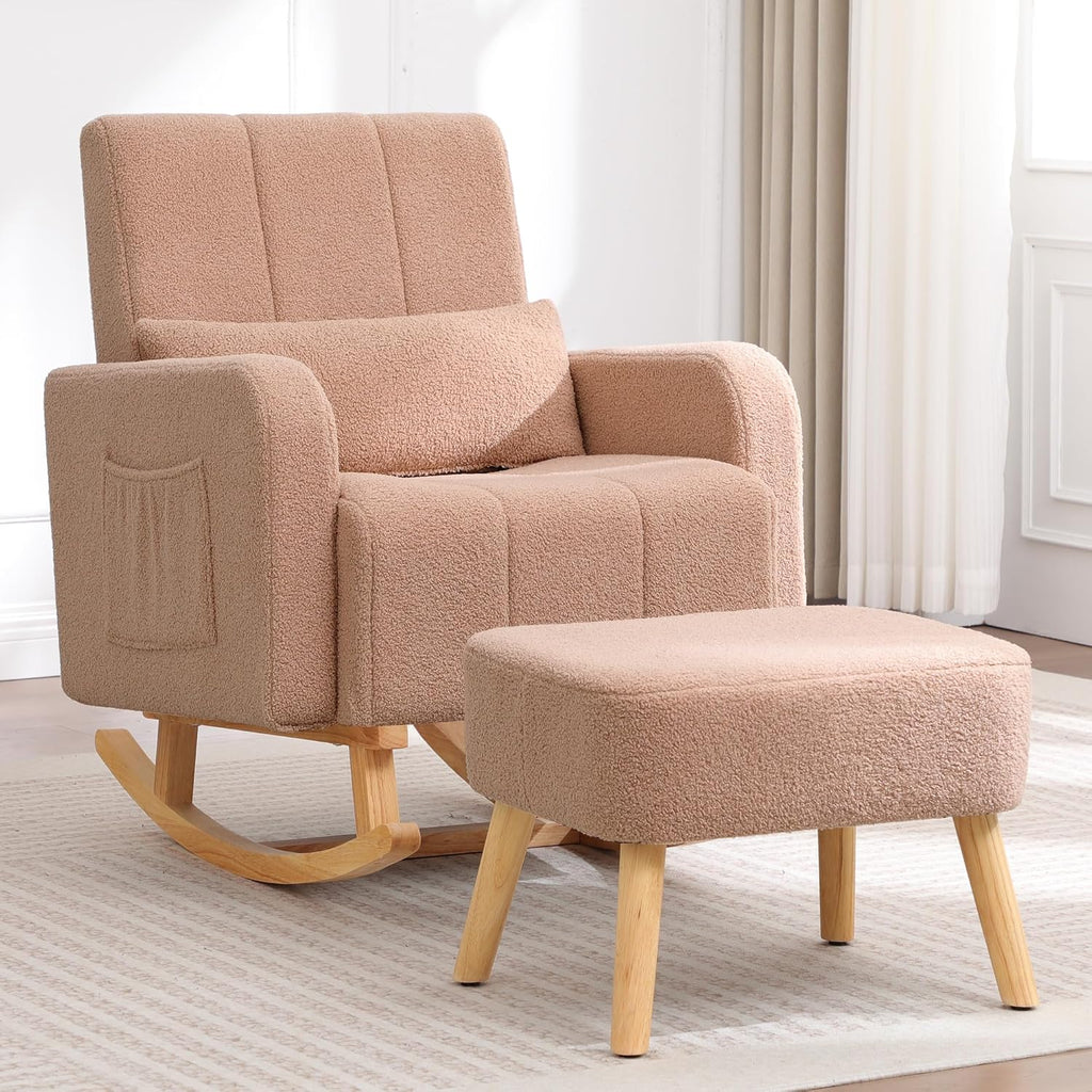 HCHAIRH Rocking Nursery Chair with Ottoman, Upholstered Glider Rocker with Side Pocket, Comfy Reading Chair with Solid Wood Legs for Nursery, Living Room,Bedroom, Coffee