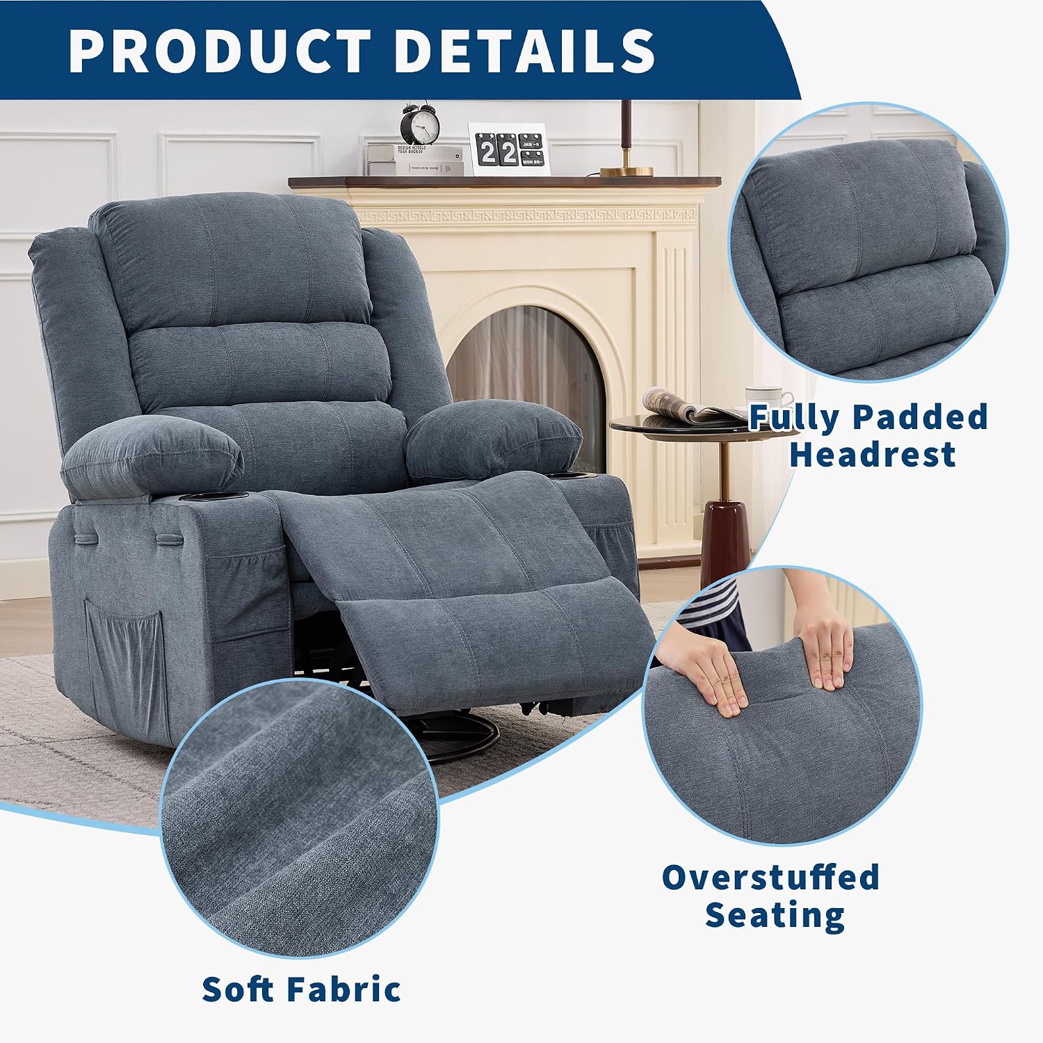 Rocking Recliner Chair for Adults Wide 360° Swivel Rocker Recliner with Cup Holder Nursery Glider with Upholstered Deep Seat Linen Lazy boy Chair for Living Room Blue