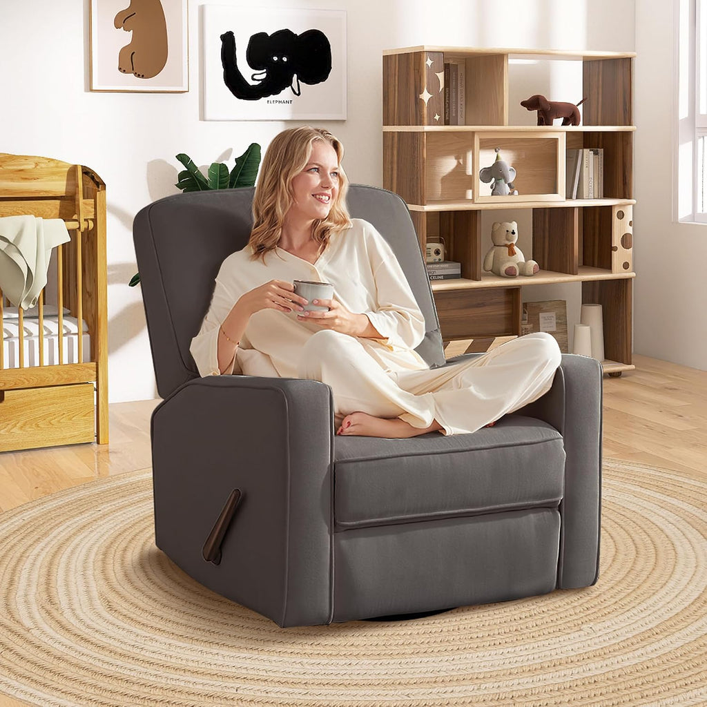 Tbfit Nursery Rocking Chair,360°Swivel Recliner Chair with Lumbar Support for Bedroom, Comfy Upholstered Armchair with Pillows & Footrest for Living Room & Baby Room