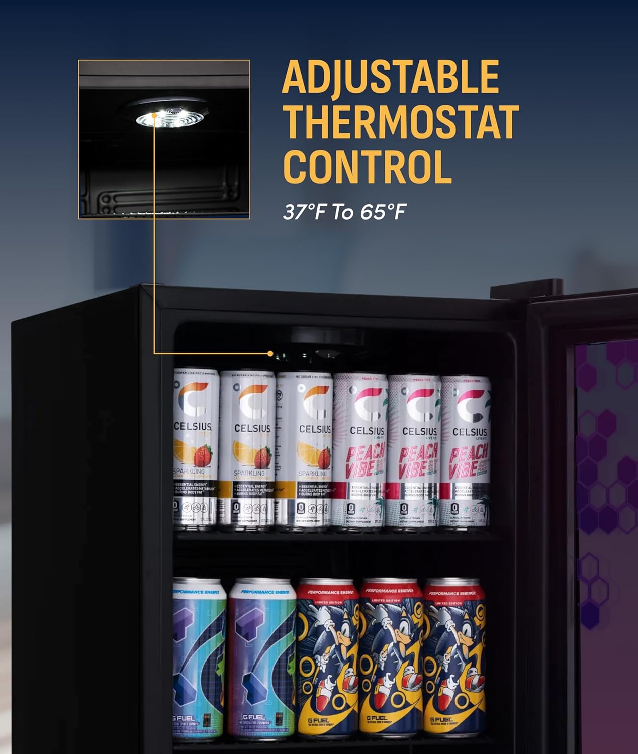 NewAir 85 Can Beverage Refrigerator with HexaColor LED Lights | Small Mini Fridge for Bedroom, Gaming Room, or Office | Remote Controlled Lighting & Quiet Cooling