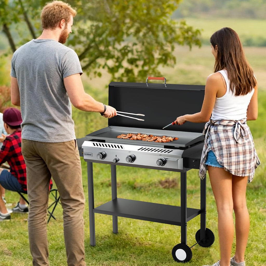 Veralune 2-in-1 Propane Stove & 33'' Griddle Combo with Ignition, 225,000 BTU Powerful Gas Stove & Grill with Side Shelves, Rolling Wheel & Regulator for Outdoor Backyard Camping Cooking Grilling