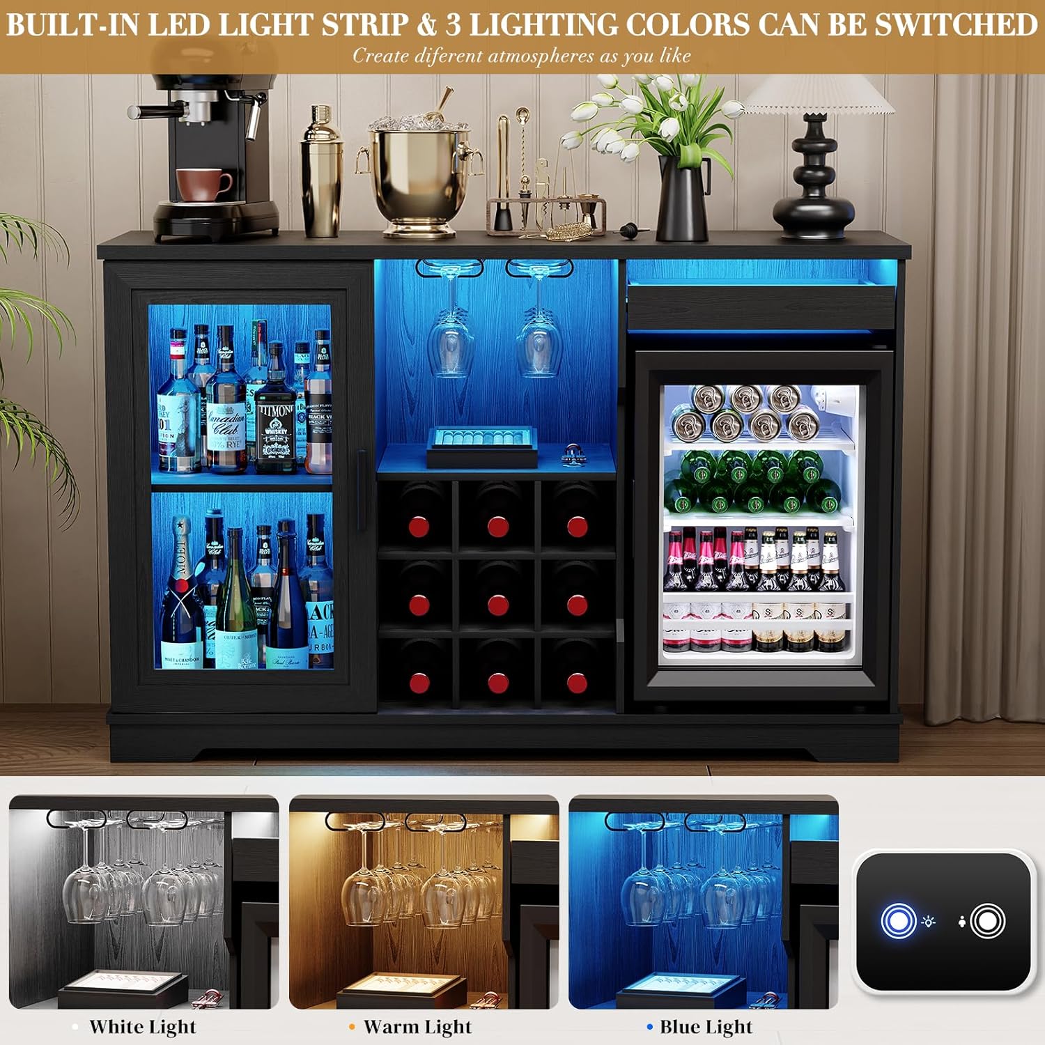BROTTAR Coffee Bar Cabinet with Fridge (Fridge Included), Large Liquor Bar Cabinet with LED Lights, Glass Holder & Wine Rack, Wine Cabinet with Human Body Sensor, Buffet Sideboard for Home, Black