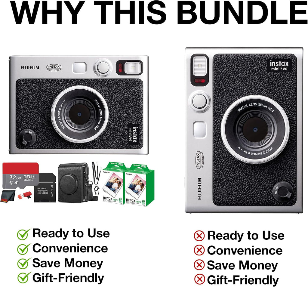 Fujifilm Instax Mini EVO Hybrid Instant Camera (Black) Bundle with Instax-Mini Twin Pack Instant-Film 40 Sheets + 32GB Memory Card + Vintage Black Mini-Evo Camera Case + Cleaning Cloth