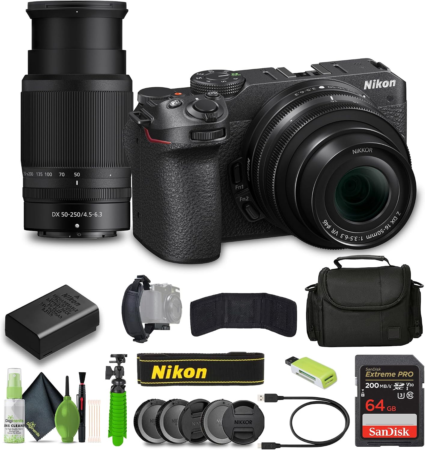 Nikon Z30 Mirrorless Camera with 16-50mm and 50-250mm Lenses + Soft Case + Cleaning Kit + Memory Card Wallet + Extreme PRO 64GB Card + Card Reader + Hand Strap + 12 Inch Flex Tripod