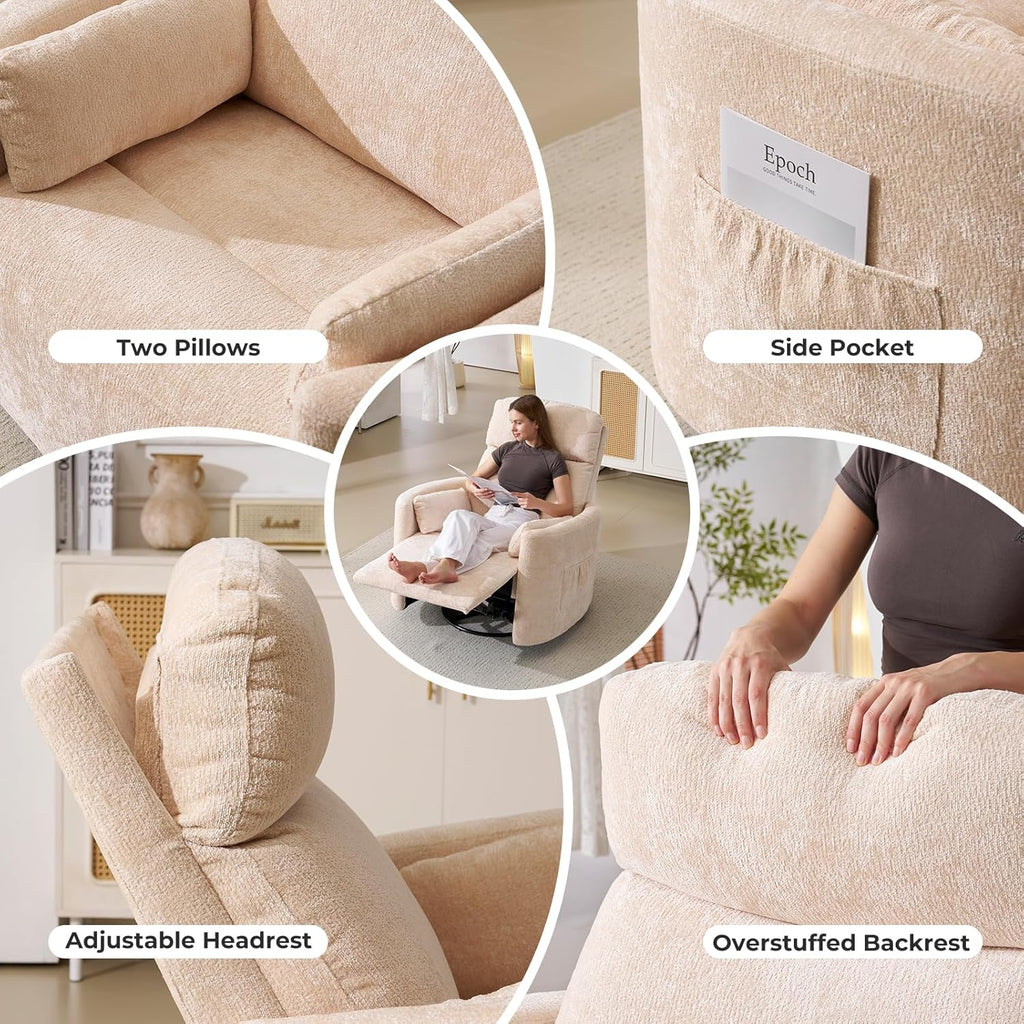 Oversized Swivel Rocker Recliner with Massage and Heat, Swivel Nursery Recliner With Adjustable Headrest, Manual Rocker Recliner Chair with Two Removable Pillows, High Back Barrel Armchair, Beige