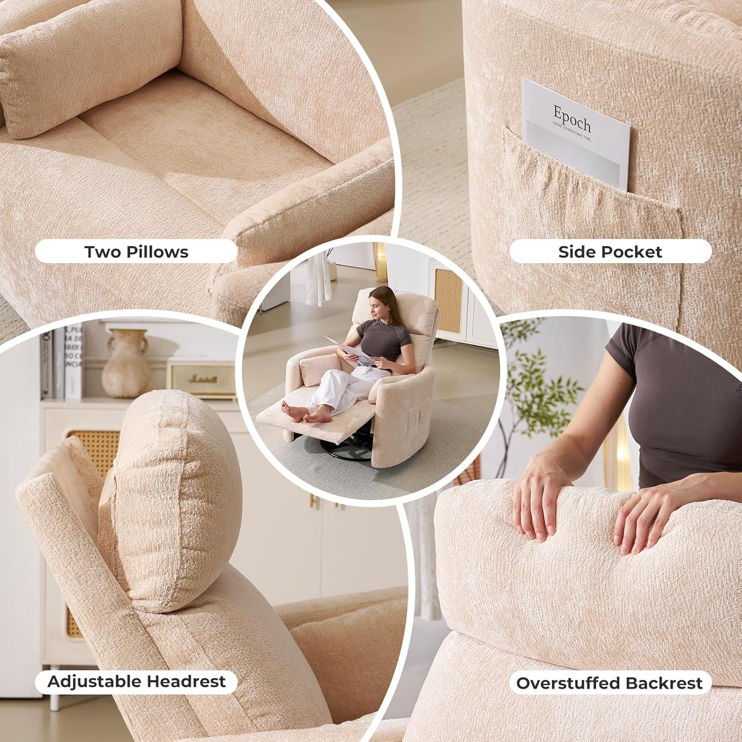 Oversized Swivel Rocker Recliner with Massage and Heat, Swivel Nursery Recliner With Adjustable Headrest, Manual Rocker Recliner Chair with Two Removable Pillows, High Back Barrel Armchair, Beige