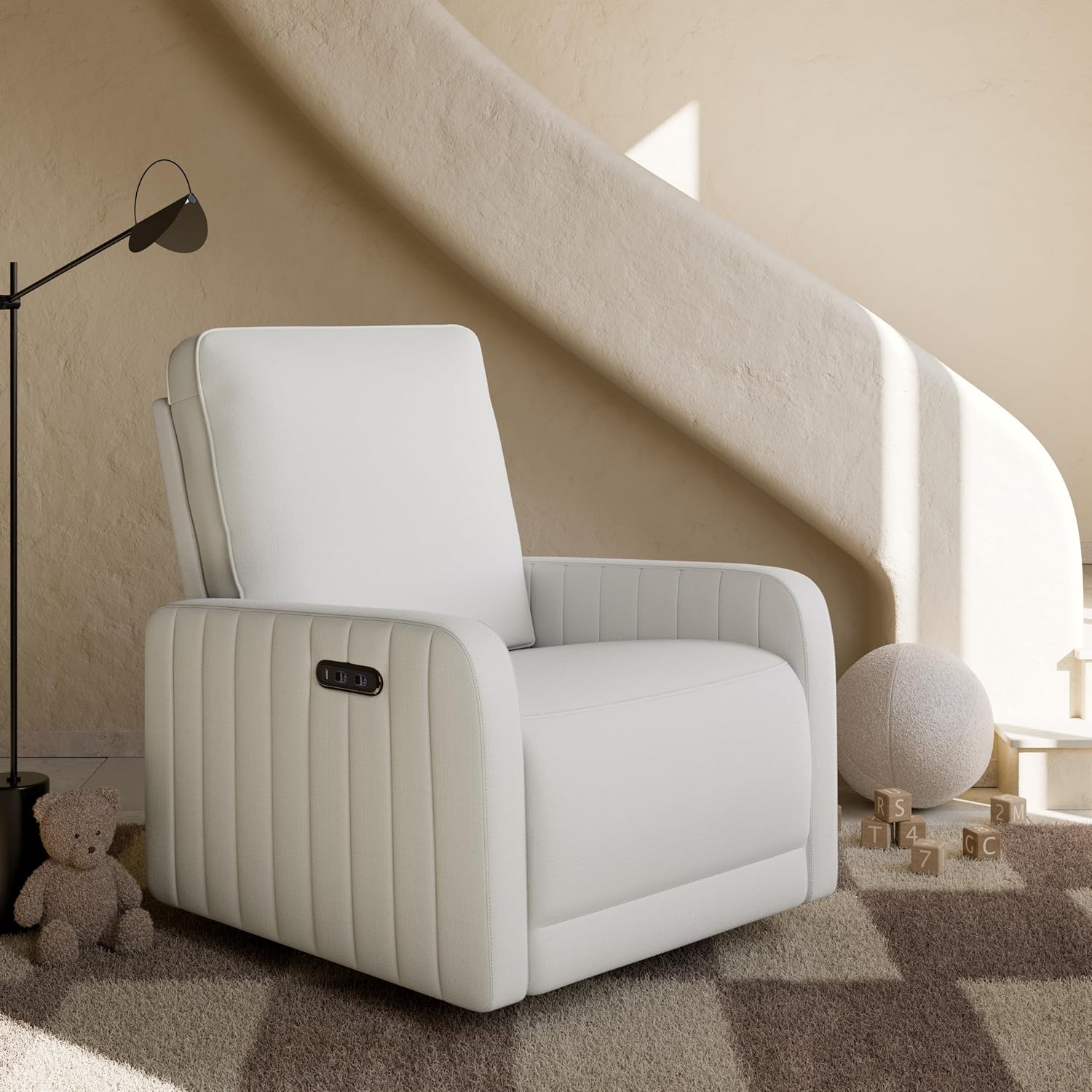 Storkcraft Kyoto Deluxe Extra-Wide Power Recliner Swivel Glider – Premium Electronic Nursery Wide Glider Rocking Chair, Oeko-TEX 100 Certified, Includes Dual-USB Charging Port (Ivory Basketweave)