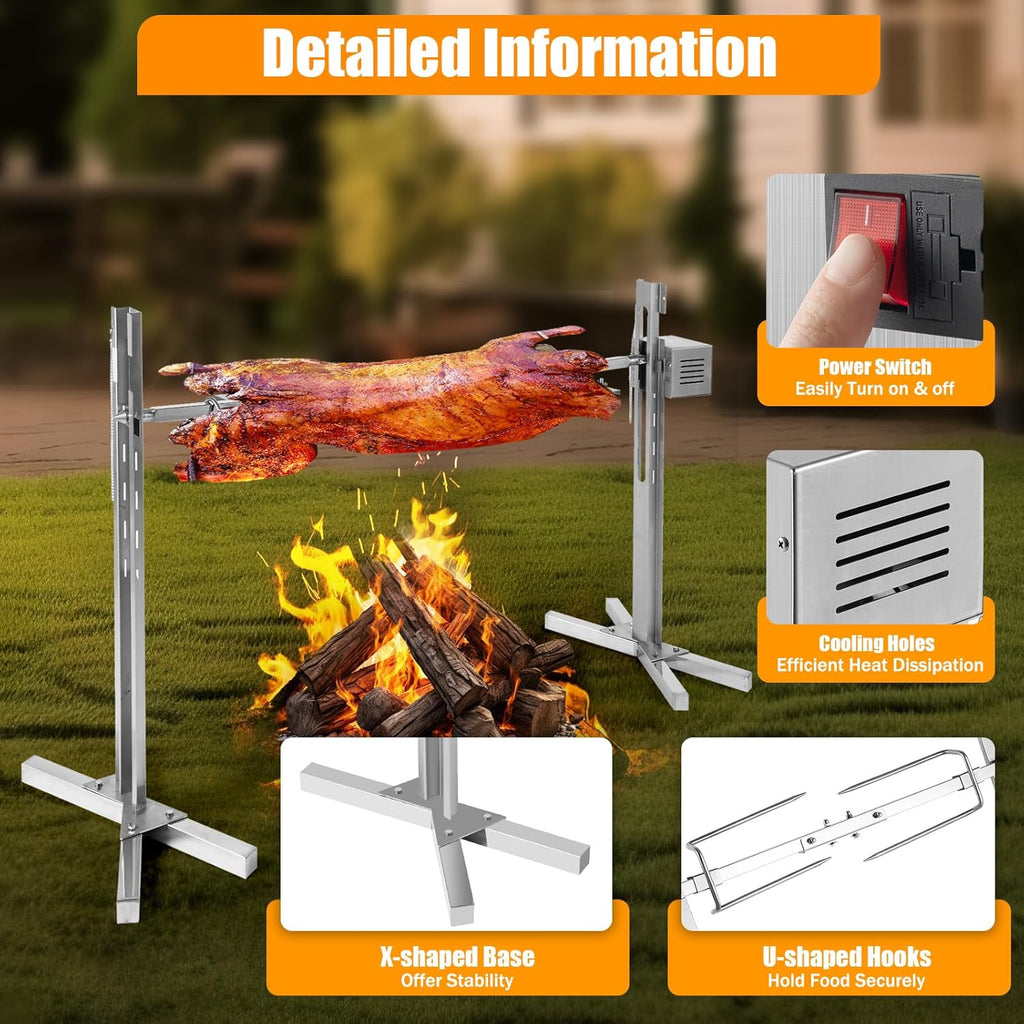 53in Outdoor Electric Rotisserie Grill Kit,Rotatable Motor BBQ Rotisserie Kit,Cooker Grill Camping Spit Grill Roaster for Pig Rotisserie Hog Lamb,Height Adjustable