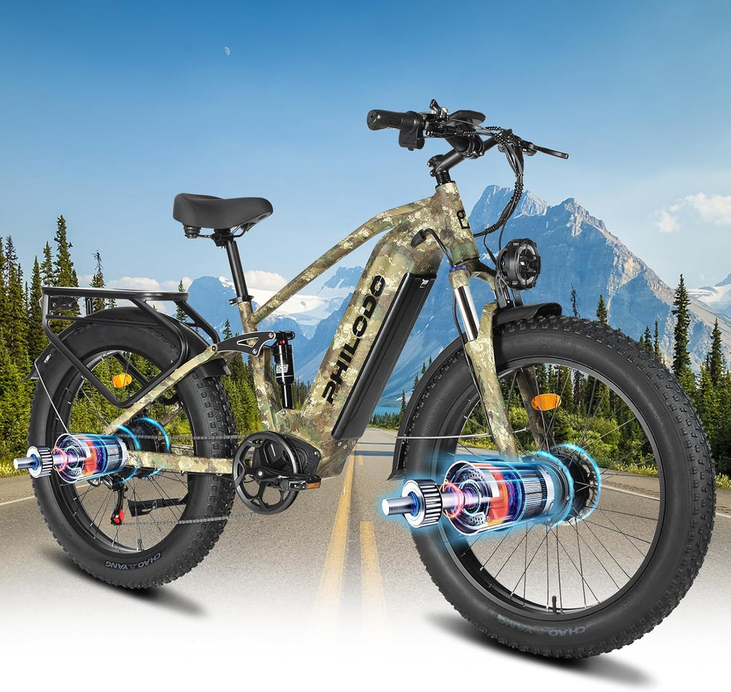 Electric Bike for Adults, 5000𝕨 Dual Motor E-Bike, 60V 32AH Long Range Dirt Bike, Fat Tire Hunting Ebike for All Terrain, Full Suspension Electric Bicycle