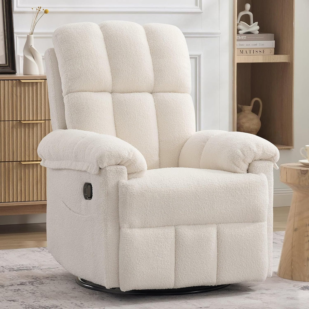 Korser Recliner Chair, Swivel Rocker Recliner Chair for Adults, Small Recliners for Small Spaces, Manual Recliner with Side Pockets, Upholstered Nursery Rocking Chair for Living Room, Sherpa, Beige