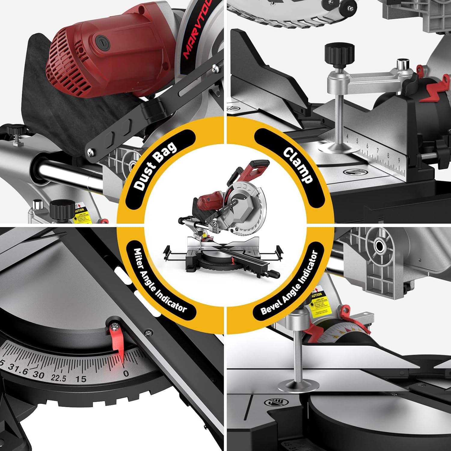 12-Inch Dual-Bevel Sliding Compound Miter Saw, 3800RPM, 15 Amp, Dual Bevel 0-45° with Extension Table, 36T Blade, Power Saw for Metal, Plastic, Wood, Laminates