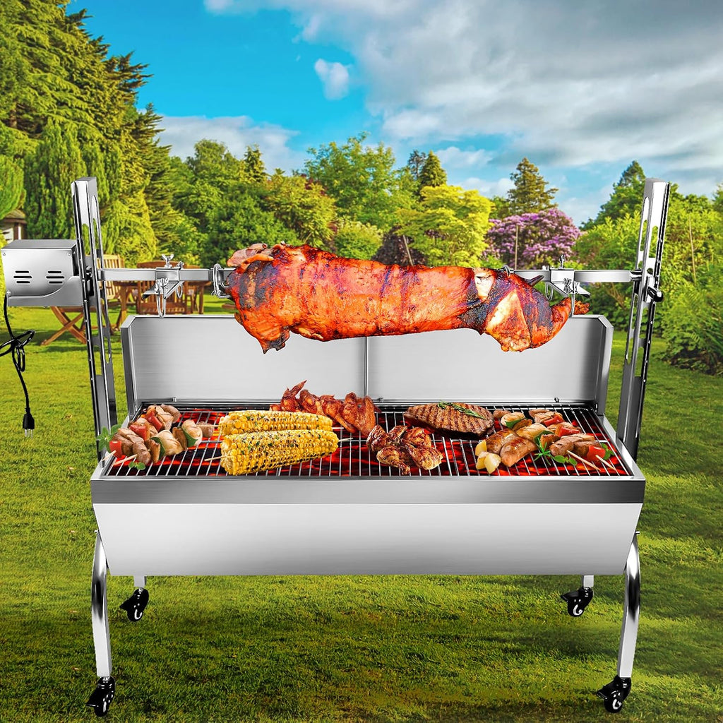 25w 48.6in Electric Rotisserie Grill Portable 176lbs Portable Stainless Steel Rotisserie Grill Roster With Wheels, Motor, Wind Baffle For Pig Chicken Lamb Rotisseries Roasting Machine